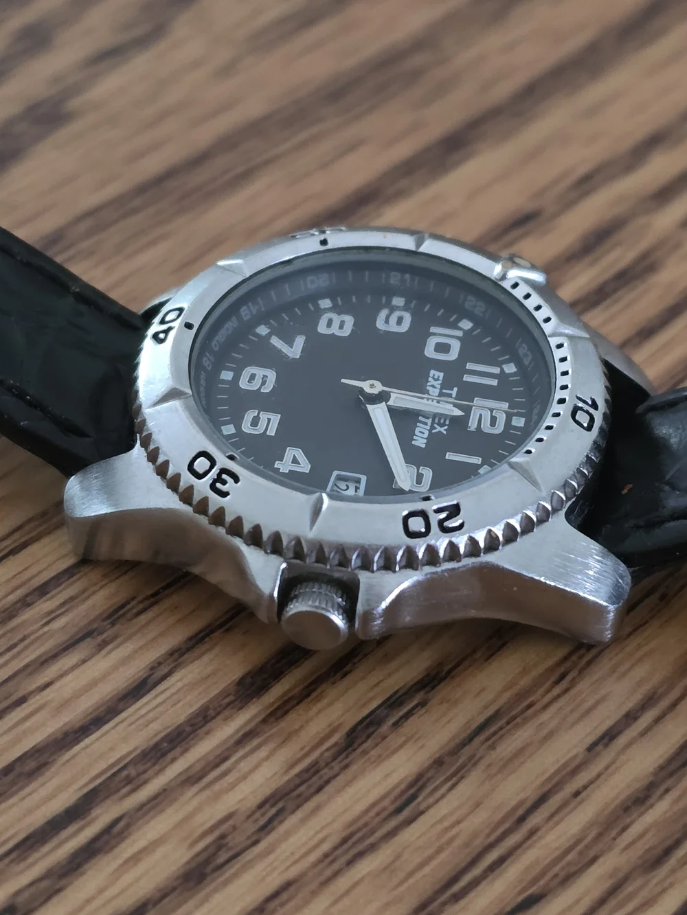 Womans Timex Expedition Black Dial Watch Croc Embossed Black Leather Strap